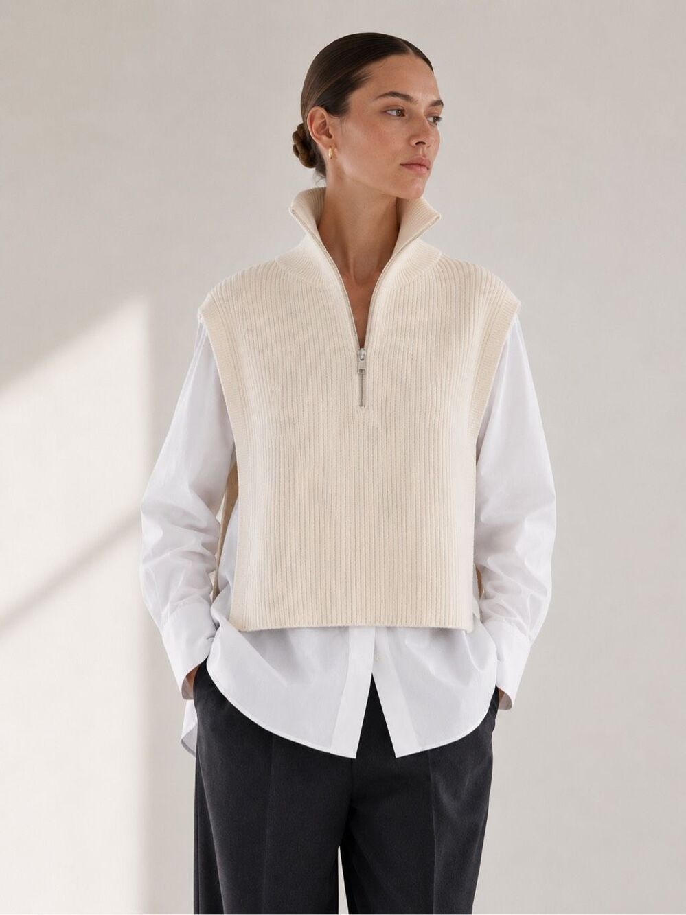 COS Open Side Half Zip Vest Cream 100% Cotton One Size NWT Minimalist Layering